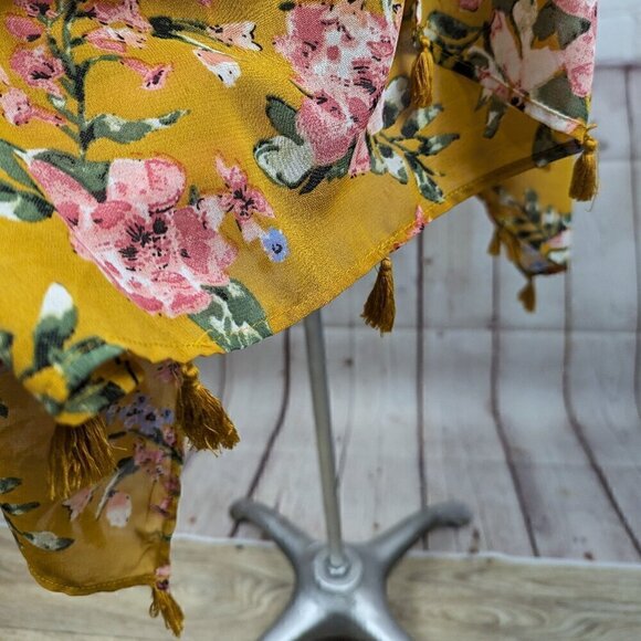 Mustard Yellow Floral Kimono/Wrap w/ Tassels 2X - Picture 5 of 9